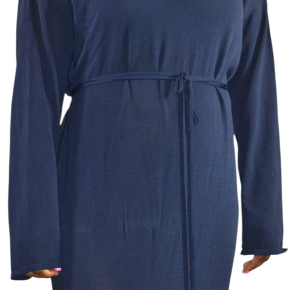 Zara Knit Maxi Dress Blue Sheer V Neck Oversized Belt Caftan Long Viscose Medium - Picture 12 of 14